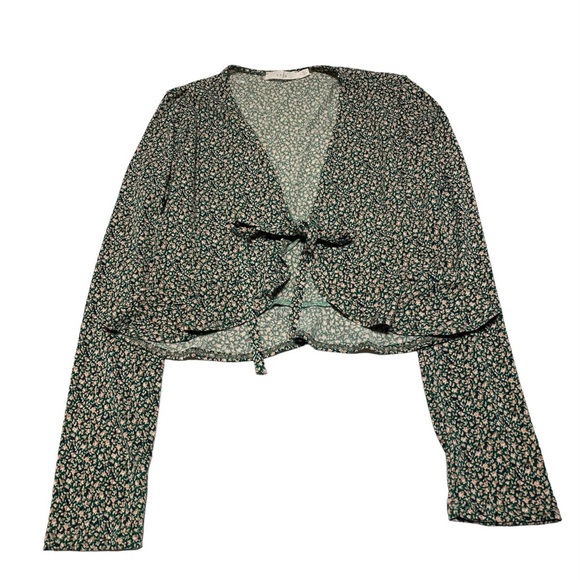 Lush Green Floral Print Tie-Front Crop Top Size L - Picture 2 of 6
